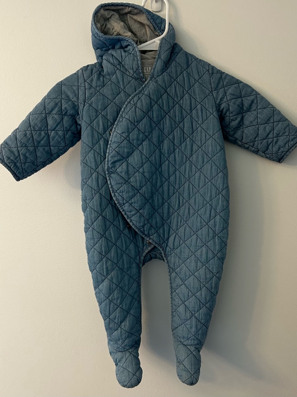 GAP Quilted Denim-Blue Hooded Baby One-Piece Footie